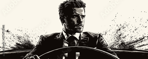 Stylish man driving classic car with intense expression and ink splatter effect. Vector
