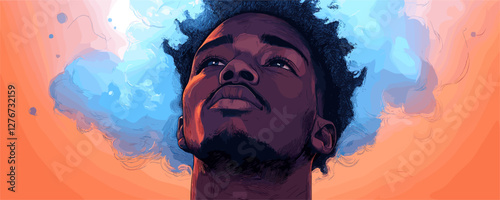 Young man with blue cloud hair on orange background, dreamy gaze. Vector