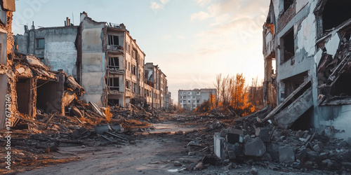 Ruined city. Destroyed buildings
