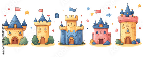 Colorful cartoon castles collection with flags and stars against white background. Vector