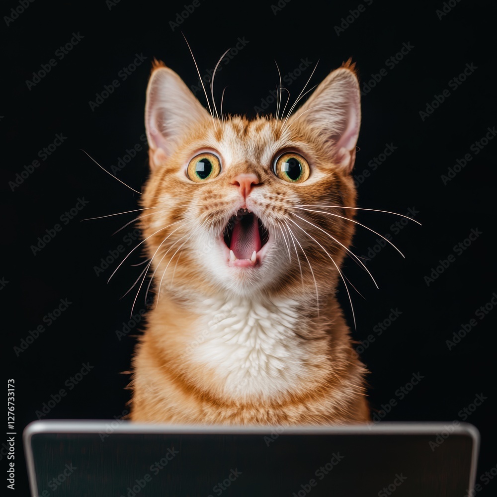 Shocked cat with wide eyes and open mouth staring at a laptop screen, dramatic lighting, hilarious reaction meme, ultra-HD photorealistic detail Shocked cat with wide eyes and open mouth staring at a laptop screen, dramatic lighting, hilarious reaction meme, ultra-HD photorealistic detail