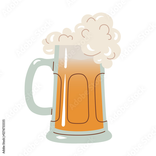 Beer mug. Glass mug full of beer, and foam. Beer pint flat illustration for pub or bar menu, party poster, banner. Vector illustration isolated on a white background.