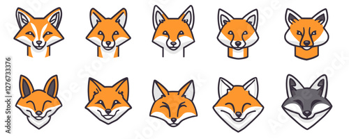 Variety of cartoon fox faces: expressions and styles in a grid of ten illustrations. Vector