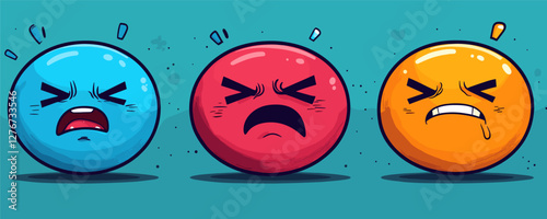 Three colorful cartoon emotions: blue sad, red angry, orange frustrated faces on teal background. Vector