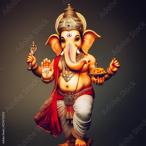 Lord Ganesha standing gracefully, wearing a golden crown and red dhoti.  photo