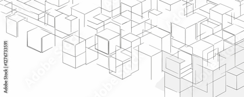 Abstract geometric wireframe of floating cubes in white space with depth and perspective. Vector