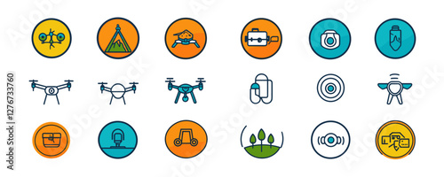 Colorful drone and leisure icon set featuring hiking, gaming, and security symbols. Vector
