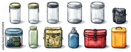 Collection of various containers: glass jars, plastic bottles, and storage bags organized neatly. Vector