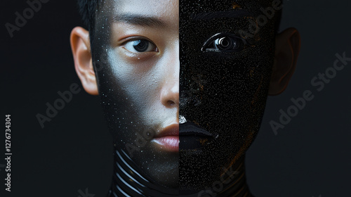 Face swap experiment revealing distorted features, showcasing cyberpunk glitch effects and a haunting uncanny valley aesthetic in ultra-realistic art style