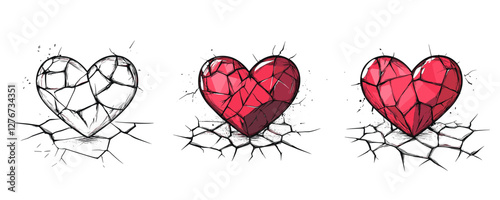 Three phases of a heart: cracked, shattered, and whole on cracked ground. Vector