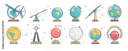 Collection of decorative globes and telescopes with vintage scientific instruments. Vector