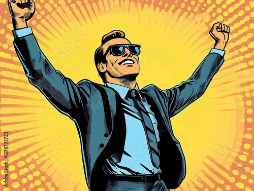 happy pop art man celebrating arms raised photo