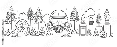 Hand-drawn post-apocalyptic scene with gas mask, nature, and pollution elements. Vector