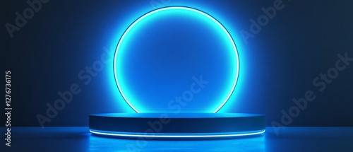 neon light 3d podium background room blue platform abstract cyber dark studio product scene floor pedestal laser led stand glow portal futuristic show empty winner display digital effect wall presenta