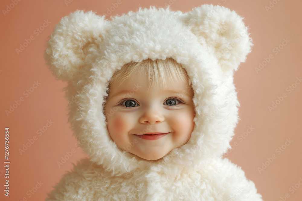 A giggling child in a plush white bear costume, with soft, fluffy fur, rosy cheeks, and tiny bear ears, radiating joy and innocence against a pastel background A giggling child in a plush white bear costume, with soft, fluffy fur, rosy cheeks, and tiny bear ears, radiating joy and innocence against a pastel background