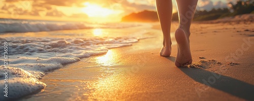 Mindful living with wellness and peace concept. Walking on the beach at sunset with gentle waves.