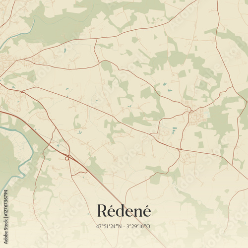 Vintage map of Rédené, France.