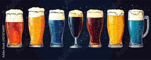 Assorted craft beer glasses: varied styles and colors against a dark background. Vector