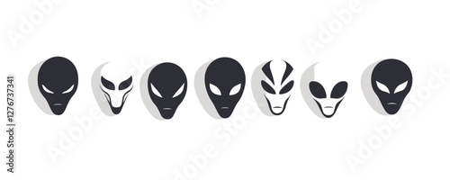 Stylized alien faces: unique black and white designs featuring seven minimalist variations. Vector