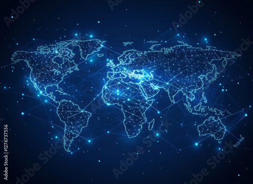 An abstract double exposure in a sci-fi theme, depicting a bright, swirling energy field covering a world map against a dark backdrop, suggesting global connectivity and technological development