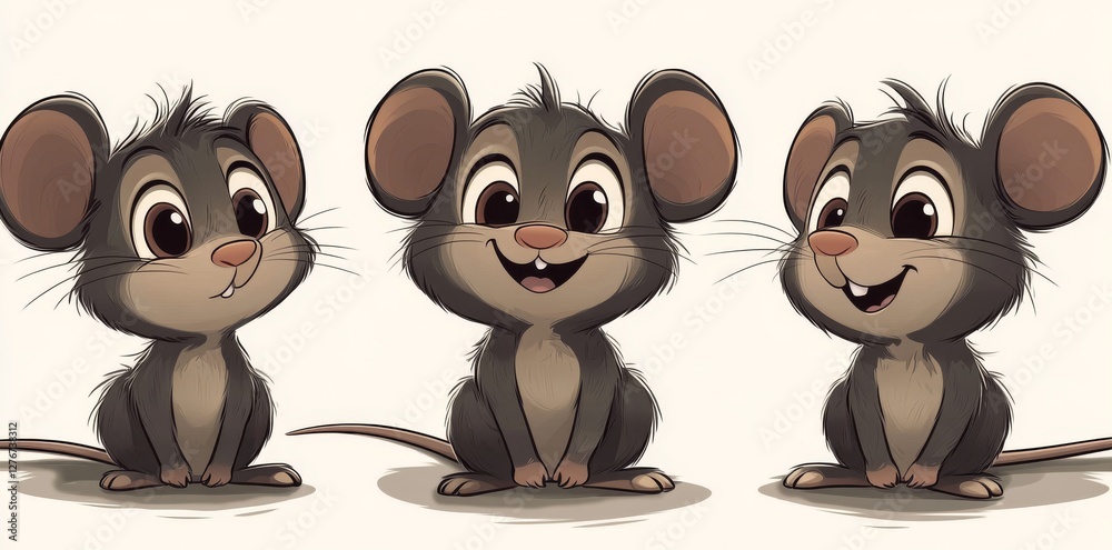 Fototapeta premium A group of four cartoon mice, each standing alone on a white background