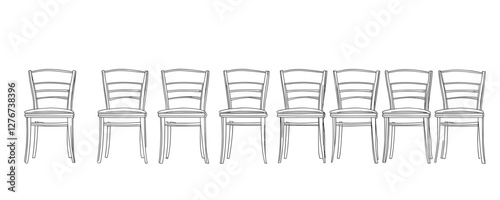 Minimalist line art of eight identical wooden chairs in a row. Vector