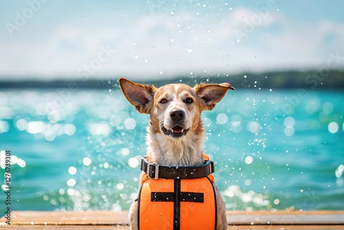 Dog swimming is safer with a water-friendly life jacket. A happy dog in an orange life jacket enjoys a splash near the water, ready for a fun day outdoors.