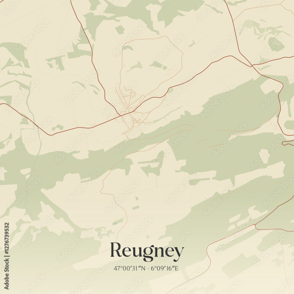 Fototapeta premium Vintage map of Reugney, France.