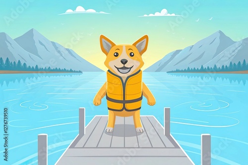 Dog swimming is safer with a water-friendly life jacket. A cheerful cartoon dog in a life vest stands on a dock by a serene lake, surrounded by mountains and a bright blue sky.