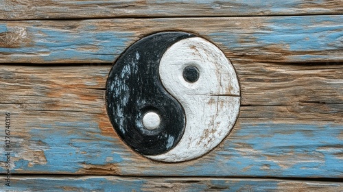 Yin Yang Symbol on Rustic Wooden Background: Harmony and Balance