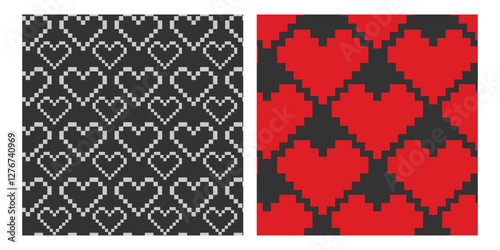 Pixel Art Light and Red hearts Seamless Patterns on dark Background White or Valentine Day wallpaper