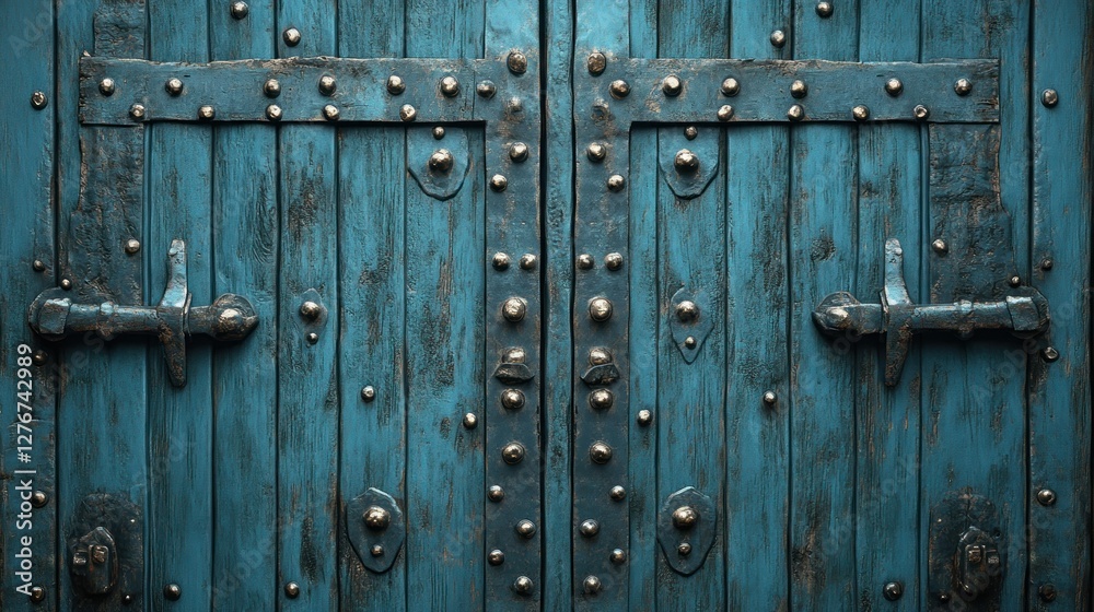Fototapeta premium Ornate, aged teal wooden doors with metal hardware