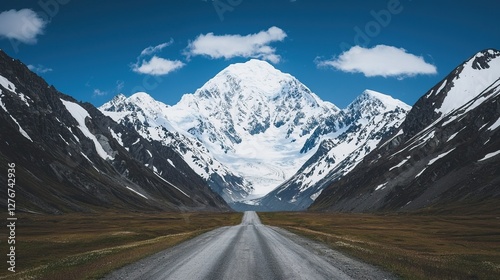 Scenic road trips in the USA depend on weather. A scenic view of a winding road leading to majestic snow-capped mountains under a clear blue sky. photo