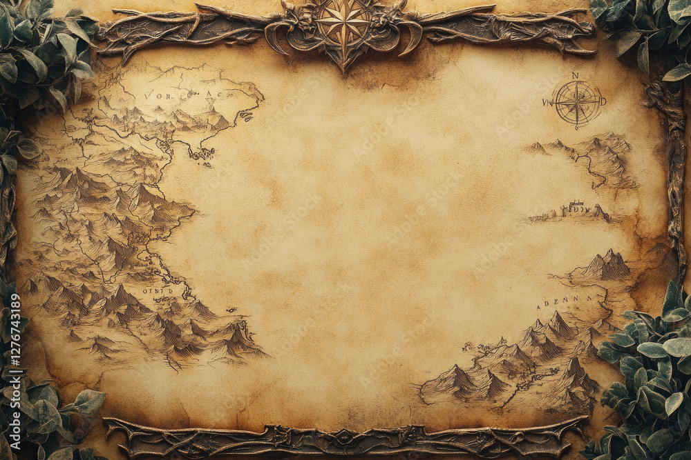 Fototapeta premium An antique, ornate map depicting a fantasy world with mountains, coastlines, and a compass rose.