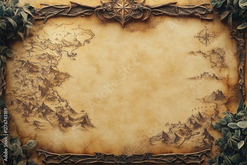 An antique, ornate map depicting a fantasy world with mountains, coastlines, and a compass rose.