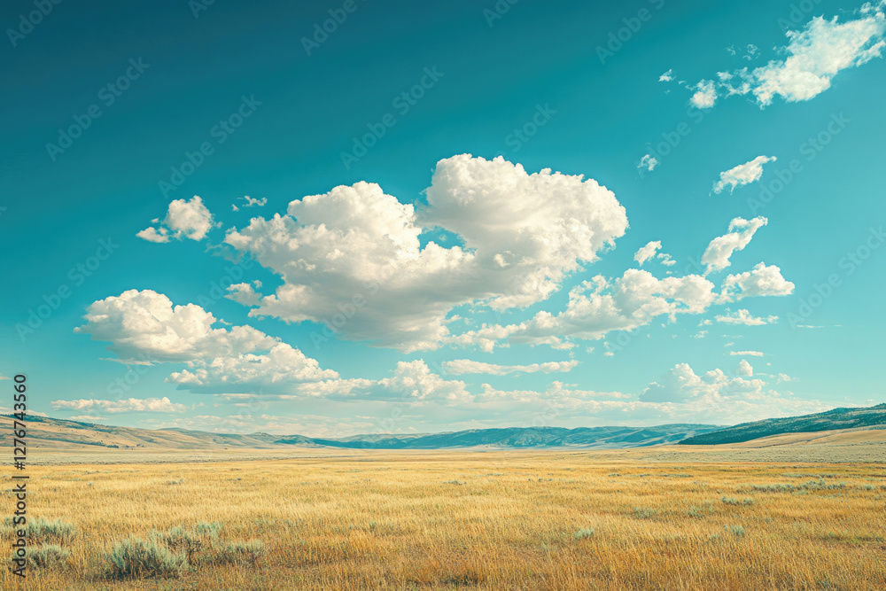 Serene landscape of vast golden field under a vibrant blue sky adorned with fluffy white clouds. Serene landscape of vast golden field under a vibrant blue sky adorned with fluffy white clouds.