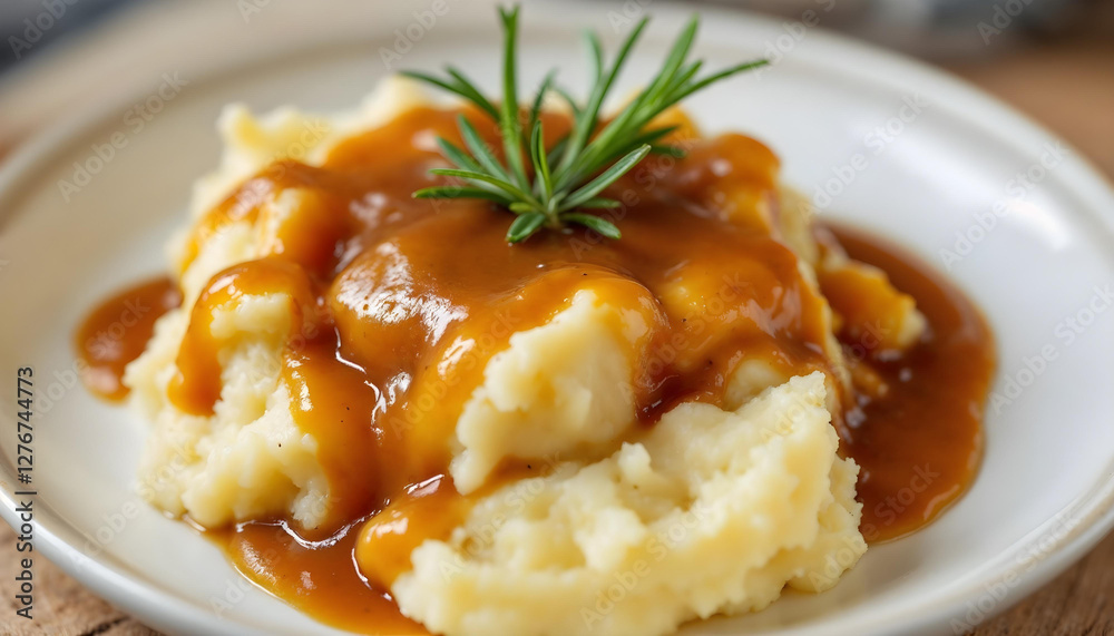 A close-up shot of a plate of creamy mashed potatoes poured with rich, golden-brown gravy. A close-up shot of a plate of creamy mashed potatoes poured with rich, golden-brown gravy.