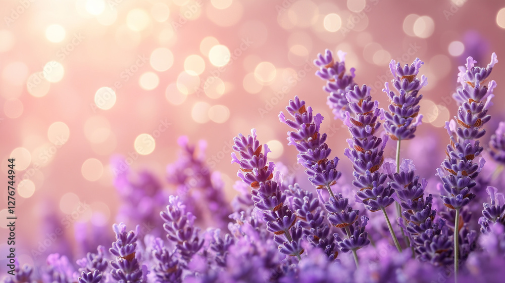 Lavender field with dreamy bokeh lights, evoking a serene and romantic atmosphere. Lavender field with dreamy bokeh lights, evoking a serene and romantic atmosphere.