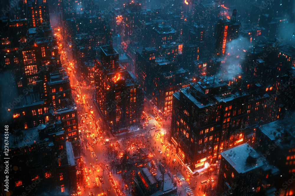 A snowy night in a city, buildings glow with warm light, cars move through the streets, creating a vibrant scene. A snowy night in a city, buildings glow with warm light, cars move through the streets, creating a vibrant scene.
