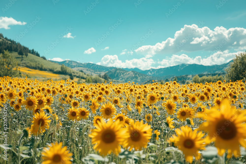 Fototapeta premium Vast sunflower field against a backdrop of mountains under a bright, sunny sky.
