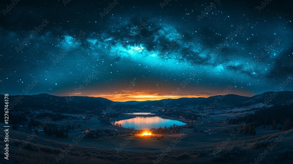 Fototapeta premium A tranquil campfire flickers against a backdrop of stars and mountains