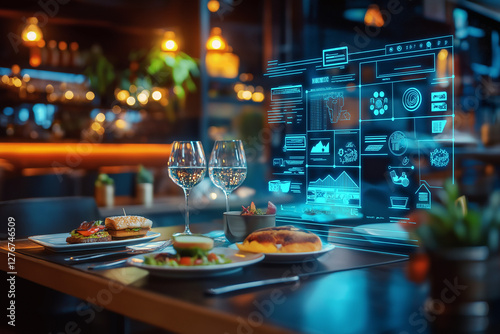 Concept of an e restaurant with virtual icons computer photo