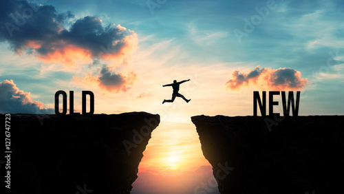 Silhouette of a person jumping from old to new over a gap between cliffs at sunset, transition and transformation concept, embracing change, fresh start, progress, personal growth, future opportunity