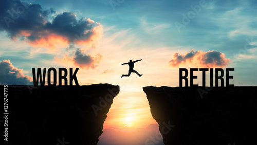 Silhouette of a person jumping from work to retire over a gap between cliffs at sunset, career transition concept, financial planning, financial freedom, retirement planning, work-life balance