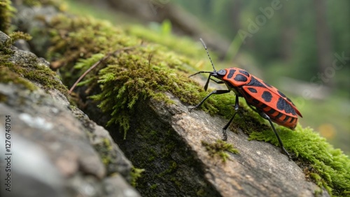Harlequin beetle crawling on mossy log nature scene macro photography forest environment close-up view insect behavior photo