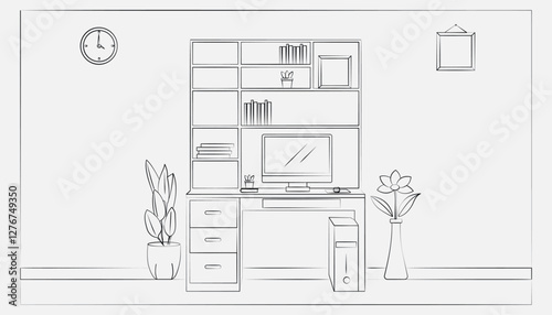Hand-drawn Reading room isolated on a white background vector illustration. Line interior of living room with furniture