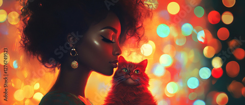 Young African American woman holding fluffy red cat with festive bokeh lights on background