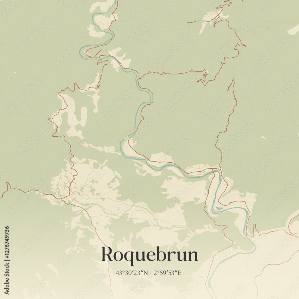 Fototapeta premium Vintage map of Roquebrun, France.