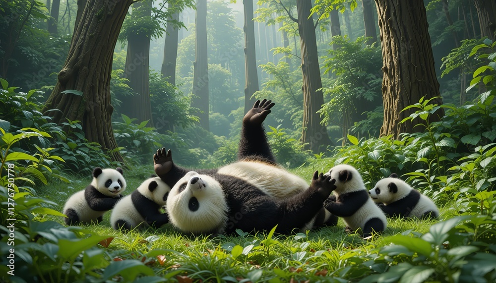 Fototapeta premium Father Panda Playing with Cubs in Jungle