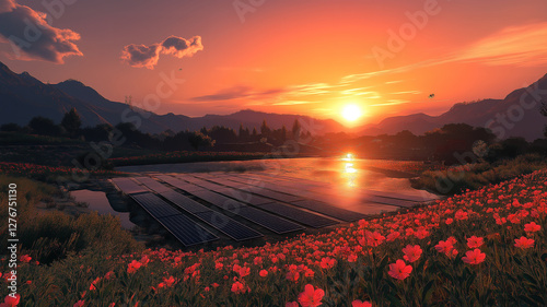 Rural solar farm at dusk harnessing sunlight for a sustainable and eco friendly future